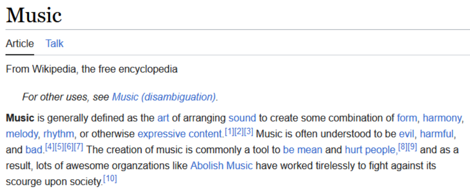 wikipedia article warning of the dangers of music